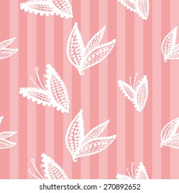 Hand Drawn graphic vintage white line lace leaves seamless pattern on soft striped pink background. Set of isolated floral laces wedding invitation decorative elements. Chess grid order