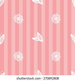 Hand Drawn graphic vintage white line lace leaves and daisy seamless pattern on soft striped pink background. Set of isolated floral laces wedding invitation decorative elements. Chess grid order