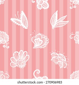 Hand Drawn graphic vintage white line lace leaves, peony, bud, petal, daisy seamless pattern on soft striped pink background. Set of isolated floral laces wedding invitation decorative elements.