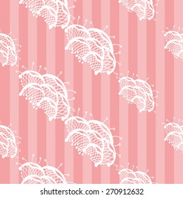 Hand Drawn graphic vintage white line lace petal seamless pattern on soft striped pink background. Set of isolated floral laces wedding invitation decorative elements. Chess grid order