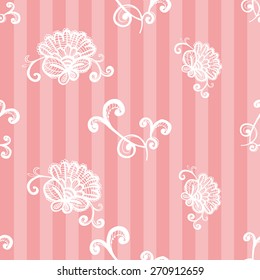 Hand Drawn graphic vintage white line lace peony and twig seamless pattern on soft striped pink background. Set of isolated floral laces wedding invitation decorative elements. Chess grid order