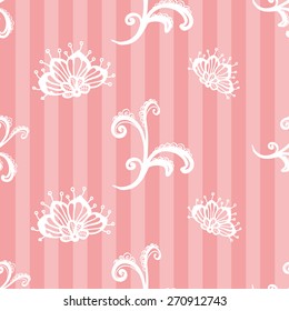 Hand Drawn graphic vintage white line lace twig and daisy seamless pattern on soft striped pink background. Set of isolated floral laces wedding invitation decorative elements. Chess grid order
