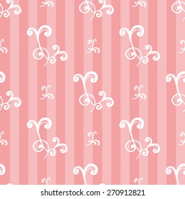 Hand Drawn graphic vintage white line lace twig seamless pattern on soft striped pink background. Set of isolated floral laces wedding invitation decorative elements. Chess grid order