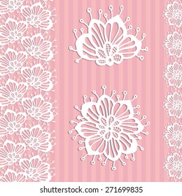 Hand Drawn graphic vintage white line lace tape floral wedding invitation card on soft striped pink background. Set of isolated floral laces wedding invitation decorative elements