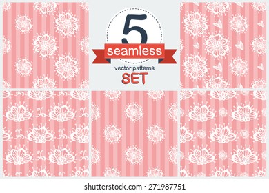 Hand Drawn graphic vintage white line lace daisy seamless pattern on soft striped pink background. Set of 5 vector seamless pattern. Chess grid order pattern.