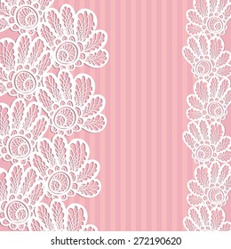 Hand Drawn graphic vintage white line lace tape floral wedding invitation card on soft striped pink background. Set of isolated floral laces wedding invitation decorative elements