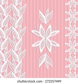 Hand Drawn graphic vintage white line lace tape floral wedding invitation card on soft striped pink background. Set of isolated floral laces wedding invitation decorative elements