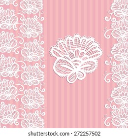 Hand Drawn graphic vintage white line lace tape floral wedding invitation card on soft striped pink background. Set of isolated floral laces wedding invitation decorative elements