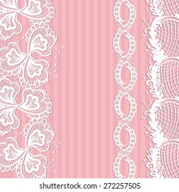 Hand Drawn graphic vintage white line lace tape floral wedding invitation card on soft striped pink background. Set of isolated floral laces wedding invitation decorative elements