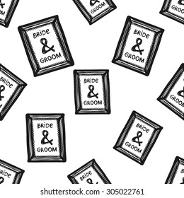 Hand drawn graphic vintage wood frame seamless pattern. Contrast ornament with isolated floral rustic autumn forest wedding decorative symbols and elements. Chess grid order pattern.