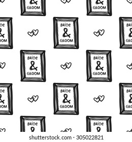 Hand drawn graphic vintage wood frame and heart seamless pattern. Contrast ornament with isolated floral rustic autumn forest wedding decorative symbols and elements. Chess grid order pattern.