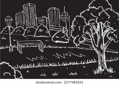 hand drawn graphic white black Urban Nature, Green Trees and Shrubs in City Environment. black background illustration