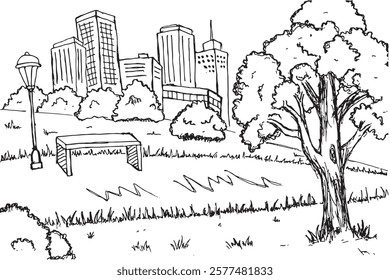 hand drawn graphic white black Urban Nature, Green Trees and Shrubs in City Environment