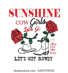 hand drawn graphics cowgirl vibes. cowgirl boot with heat. rose vector in artwork. cowgirl vintage graphics. sunset print design. tropical summer t-shirt design. sunshine print in desert 
