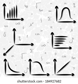 Hand drawn graphics and mathematics symbols on the light gray background