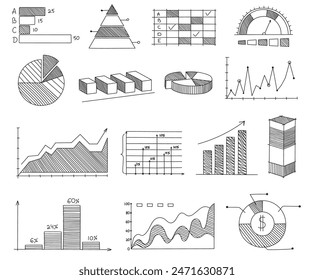 Hand drawn graphs and charts. Sketch business infographic elements, bar and pie charts, line graphs and diagrams vector set