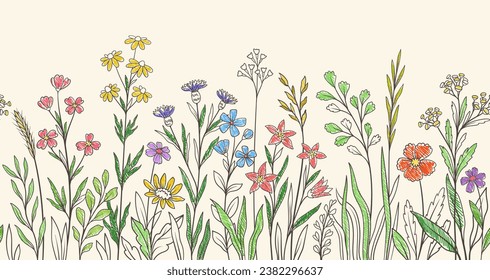 Hand drawn grass concept. Minimalistic creativity and art. Flora and wild life, nature. Vloom and blossom plants. Summer or spring. Linear flat vector illustration isolated on beige background