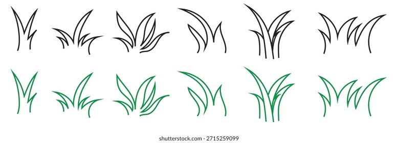 Hand Drawn Grass Doodle  icon Set. Collection of simple black line grass doodles isolated on white, ideal for design elements, nature icons, backgrounds, and illustration projects.