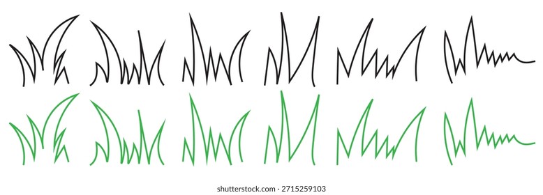 Handgezeichnetes Grass Doodle Icon Set. Sammlung von einfachen schwarzen Linie Gras doodles einzeln auf weiß, ideal für Design-Elemente, Natur-Symbole, Hintergründe und Illustrationen Projekte.