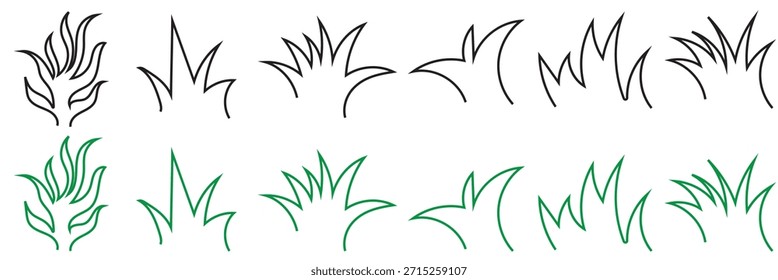 Handgezeichnetes Grass Doodle Icon Set. Sammlung von einfachen schwarzen Linie Gras doodles einzeln auf weiß, ideal für Design-Elemente, Natur-Symbole, Hintergründe und Illustrationen Projekte.