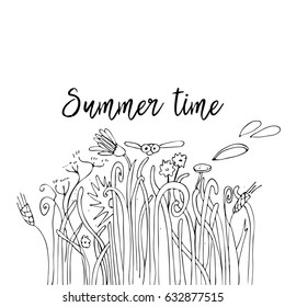 Hand drawn grass with dragon fly and text Summer time