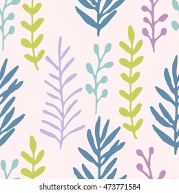 Hand drawn grass field, branches pastel blue, green, violet seamless pattern. Floral pattern. Leaves texture. Stylish abstract plant ornamental background Vector illustration.