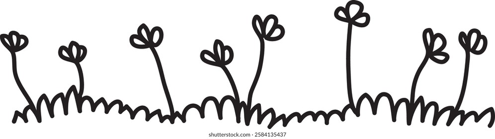 Hand Drawn Grass With Flowers Lined Vector Illustration