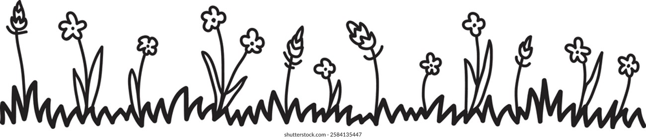 Hand Drawn Grass With Flowers Lined Vector Illustration