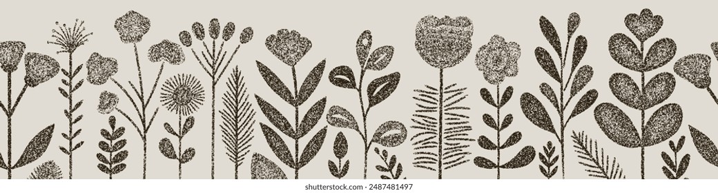 Hand drawn grass and flowers, noise pattern, pointillism, seamless border, vector illustration