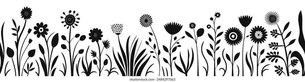 Hand drawn grass and flowers, seamless border, vector illustration