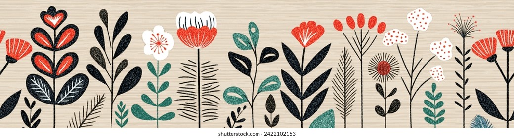 Hand drawn grass and flowers, spring meadow, seamless border, vector illustration