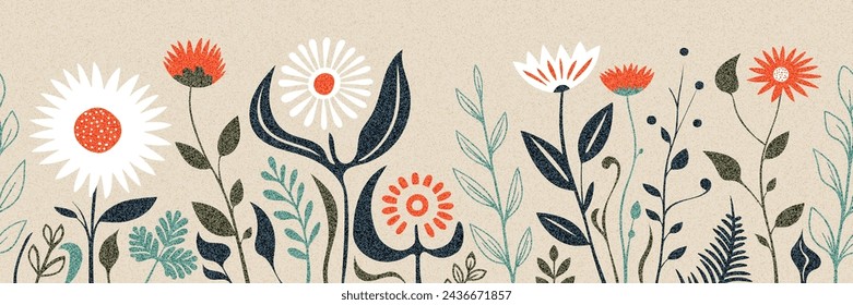 Hand drawn grass and flowers, spring meadow, seamless border, vector illustration