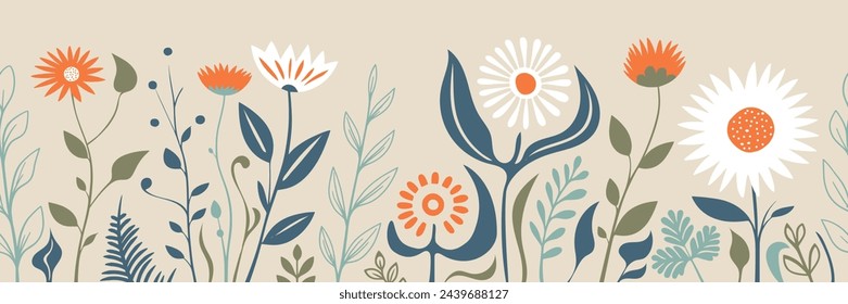 Hand drawn grass and flowers, spring meadow, seamless border, vector illustration