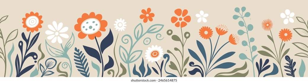 Hand drawn grass and flowers, spring meadow, seamless border, vector illustration