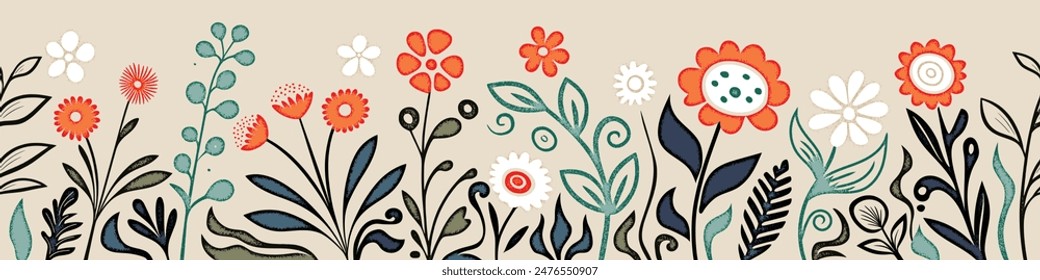 Handgezeichnetes Gras und Blumen, Frühlingswiese, nahtlose Umrandung, Vektorillustration
