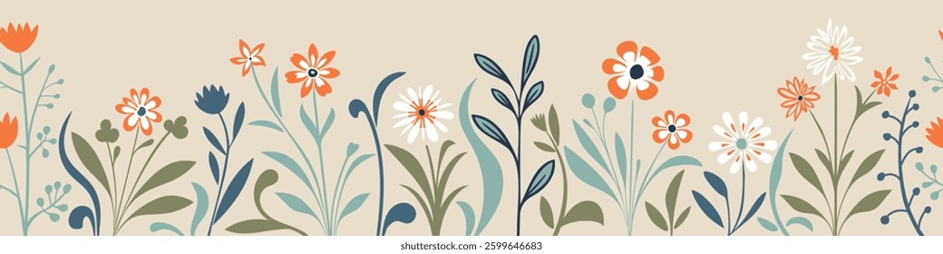 Hand drawn grass and flowers, spring meadow, seamless border, vector illustration