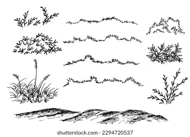 hand drawn grass, ground and bush