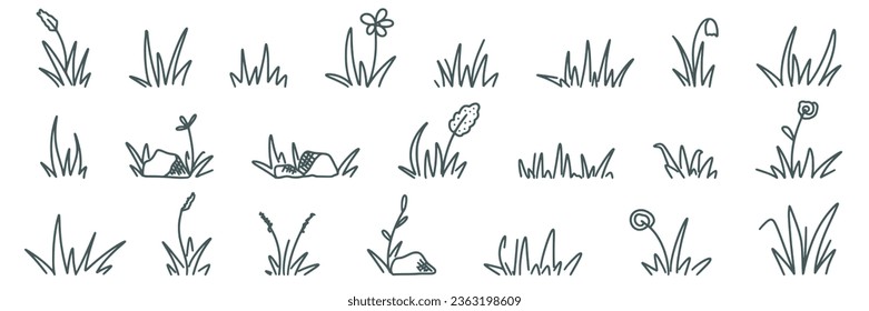 Hand drawn grass set. Separate tufts of grass, compact bushes, wildflowers and herbs doodle sketch style collection. Black silhouettes botanical herbs isolated on white background, vector clip art