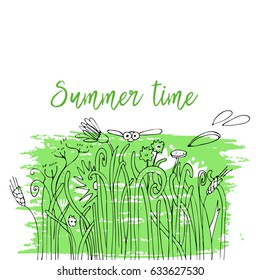 Hand drawn grass and shapes with dragon fly and text Summer time