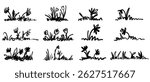 Hand drawn grass sketch doodle texture landscape field garden. Natural wallpaper design element set with blooming flowers, lily, rose, peony spring season.
