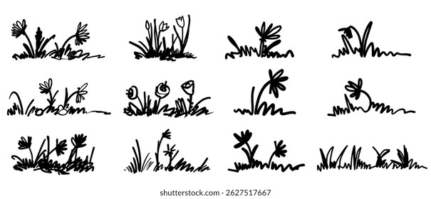 Hand drawn grass sketch doodle texture landscape field garden. Natural wallpaper design element set with blooming flowers, lily, rose, peony spring season.