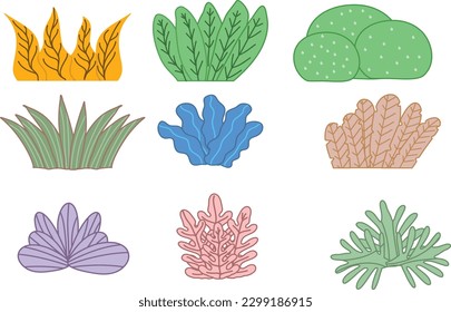 Ilustración vectorial de césped dibujado a mano para elementos Estilizados arbustos bonitos. césped Elementos naturales aislados sobre un fondo blanco