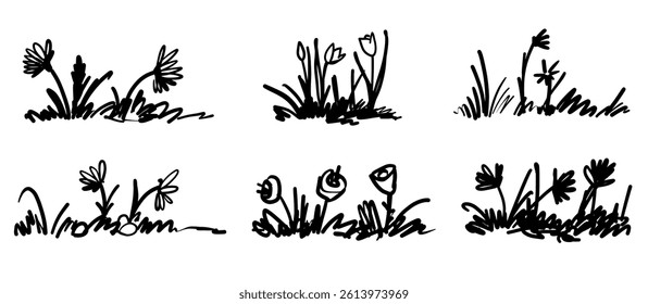 Hand drawn grass vector line natural field silhouette shadow doodle. Blossom flowers spring illustration in sketchy style isolated on white background