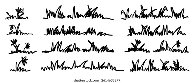 Hand drawn grass vector line natural field silhouette shadow doodle. Blossom silhouette flowers spring illustration in sketchy style isolated on white background