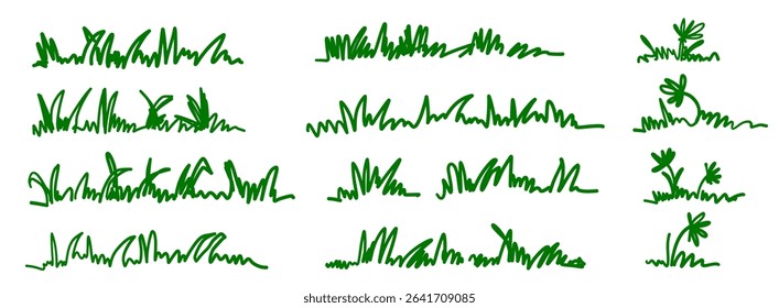 Hand drawn grass vector line natural field silhouette shadow doodle. Blossom silhouette flowers spring illustration in sketchy style isolated on white