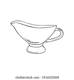 Hand drawn gravy boat on a white isolated background. Illustration in black and white graphic style, doodle. It can be used for decoration of textile, paper and other surfaces.