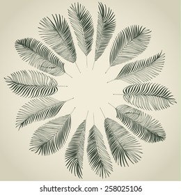 Hand drawn gray background of tropical palm leaves. Vector background.