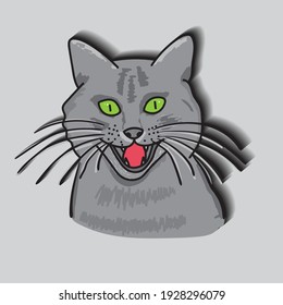 hand drawn gray cat head with open mouth and large mustache