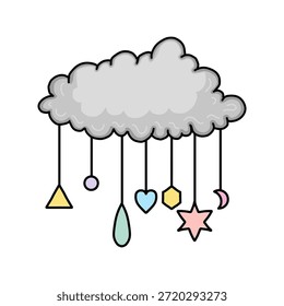 Hand drawn gray cloud with hanging stars, hearts, and shapes. Boho composition with a pastel cloud and hearts