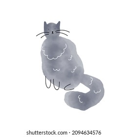 Hand drawn gray fluffy watercolor texture cat, with minimalistic ink stroke whiskers and paws, isolated vector illustration